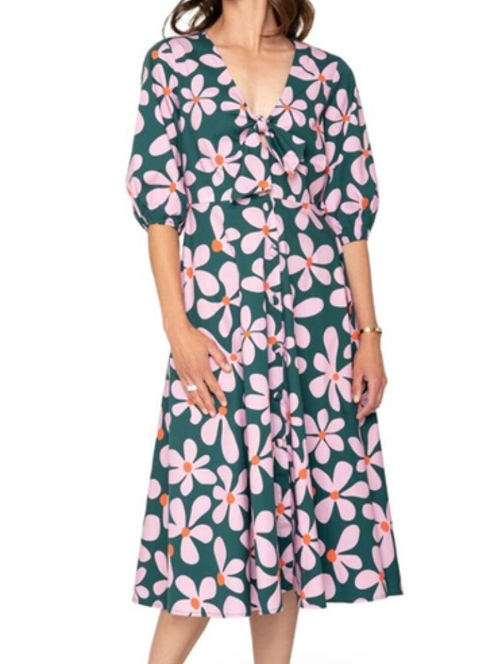 NWT Leota Adriana Tie-Front Midi Dress Dancing Daisies Evergreen Womens Size 1X